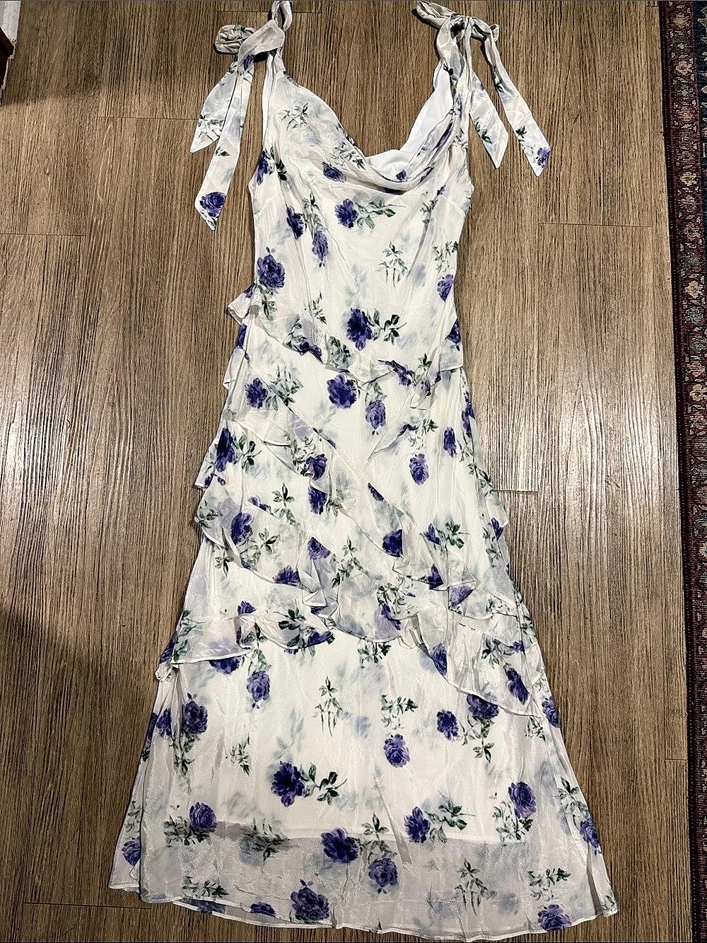 ASTR the Label Fen Floral Tie-Strap Ruffle Midi Dress Maxi Dress White & Purple
